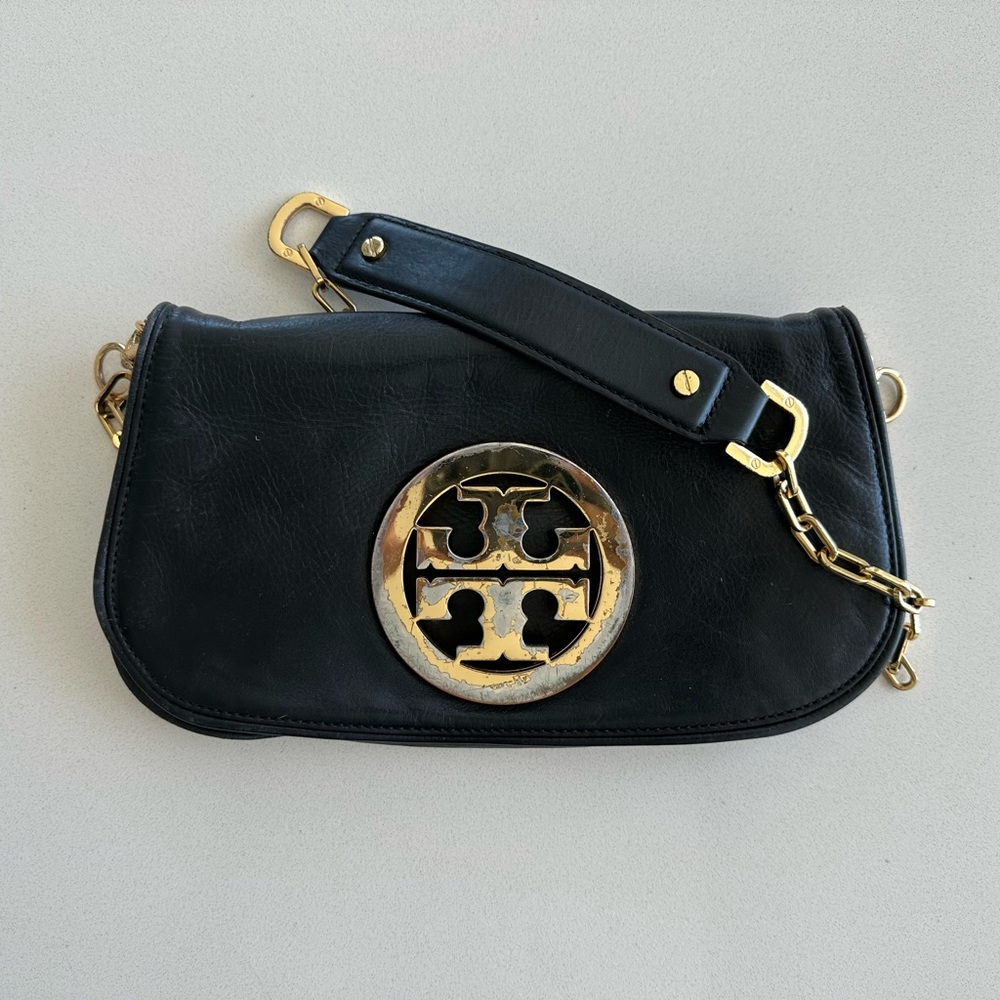 Tory Burch Black Leather Crossbody with Gold Logo Accent